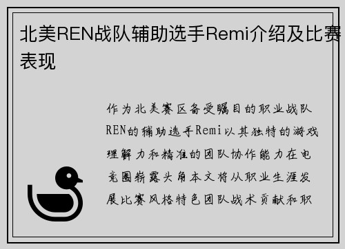 北美REN战队辅助选手Remi介绍及比赛表现
