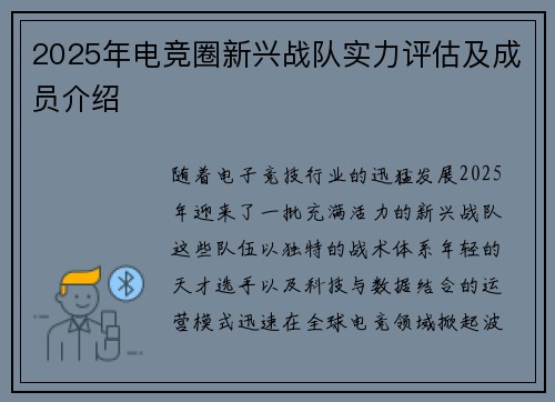 2025年电竞圈新兴战队实力评估及成员介绍