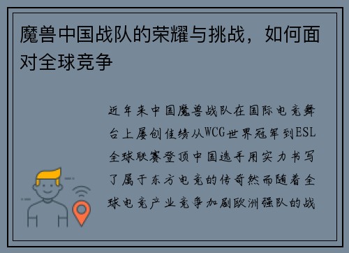 魔兽中国战队的荣耀与挑战，如何面对全球竞争
