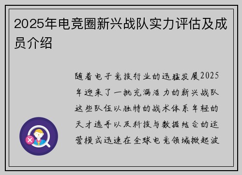 2025年电竞圈新兴战队实力评估及成员介绍